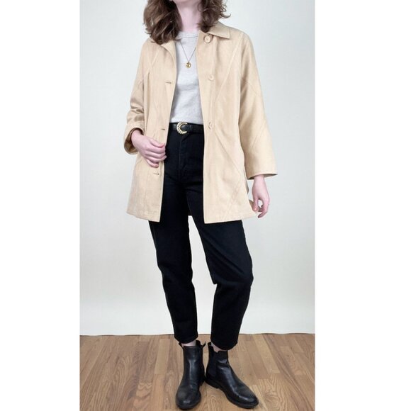 Vintage 90s Y2K Long Faux Suede Leather Peacoat Trench Jacket Quiet Luxury Coat - Picture 2 of 9